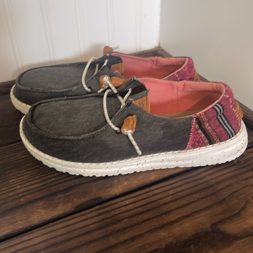 Hey Dude Wendy Funk Casual Charcoal with Brown Leather accents Slip on Moccasins - Picture 2 of 7